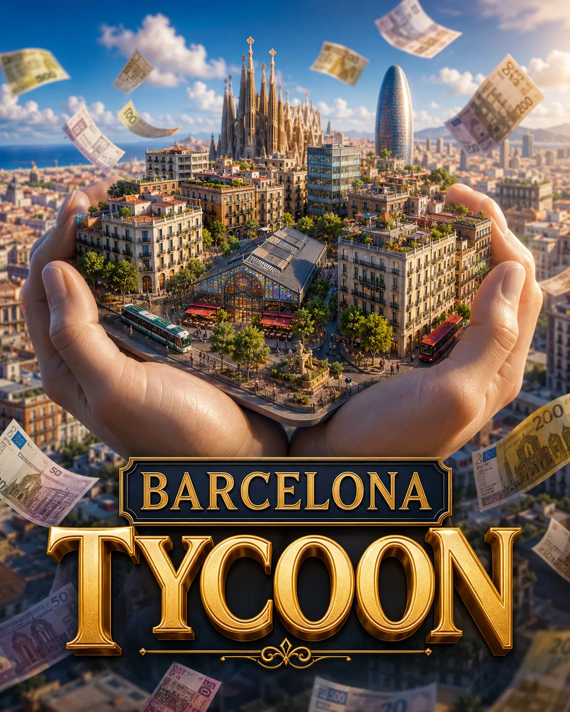 The Barcelona Tycoon cover: two hands holding up a miniature Barcelona, euro banknotes drifting past the Sagrada Família.