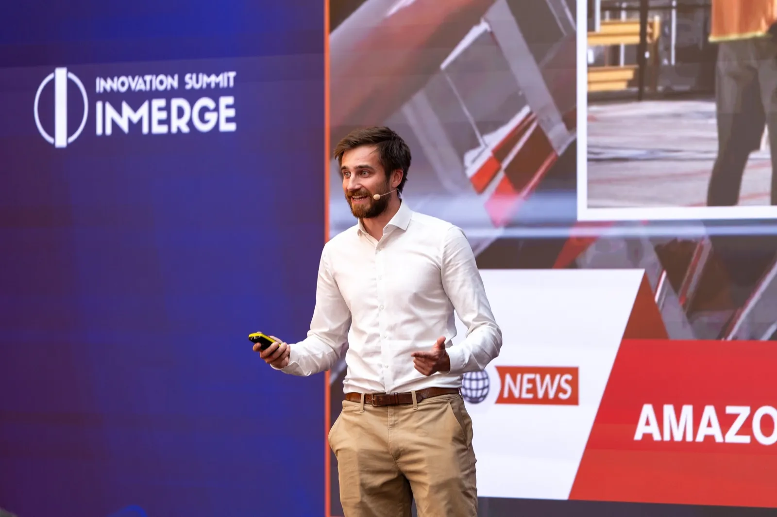 Jakob pitching on stage at the InMerge Innovation Summit, June 2026.